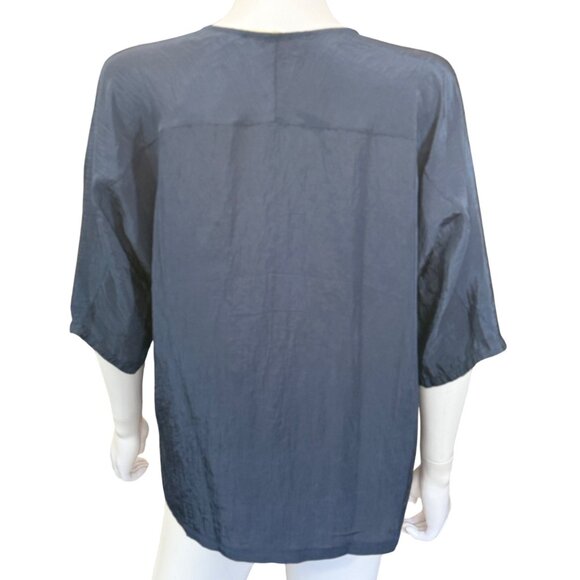 By Together Womens Crinkle V-Neck 3/4 Sleeve Top Navy Size Small - Picture 2 of 4